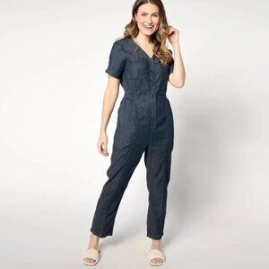 AnyBody Jumpsuit Size Medium Regular Drapey Denim Button Up Dark Wash Blue NEW